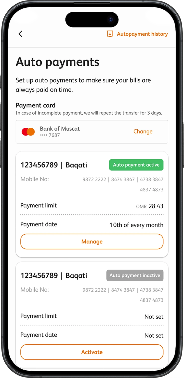 Auto payments overview: a saved payment card, one account with autopay active and one inactive.